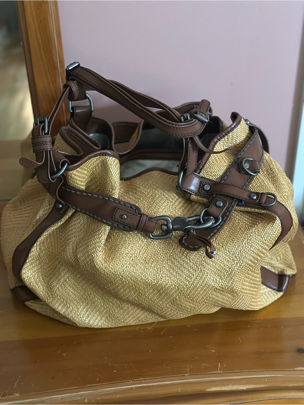 Francesco Biasia Large Raffia Leather Hobo Shoulder Bag Brown